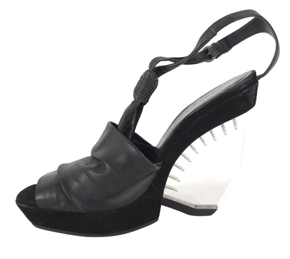 AllSaints Gamma Perspex Sandals US 9 EU 39 Womens Black Wedge Heel $250 - Picture 1 of 9